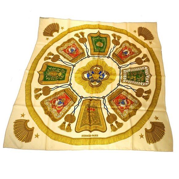 HERMES Logos XL Carre Scarf "Poste et Cavalerie" 100% Silk Ivory France - Picture 1 of 12